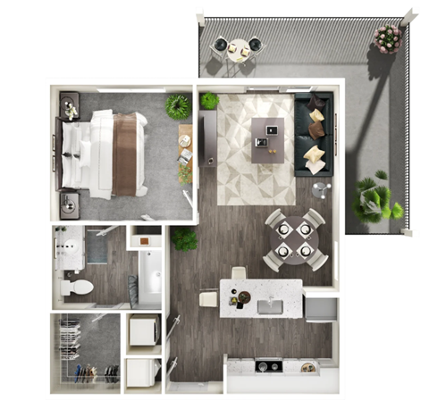 A top-down view of a small apartment with a kitchen, living room, and bathroom.